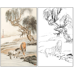 工笔画骏马白描底稿竖幅双马柳树动物实物打印线稿A130