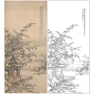 山水人物临摹勾线打印稿SV08 工笔画白描底稿陈少梅 梅萼飘香图