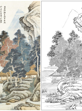 张大千山水人物工笔画白描底稿