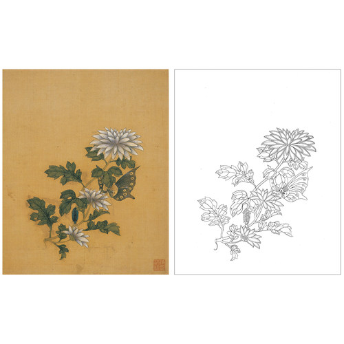 陈洪绶花鸟工笔画白描底稿《秋英对舞蝶》小品初学临高清线稿Q054