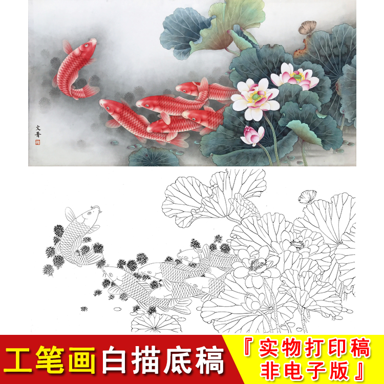 工笔画白描底稿於文普花鸟荷花鲤鱼大横幅四尺满堂红临摹素材WP14