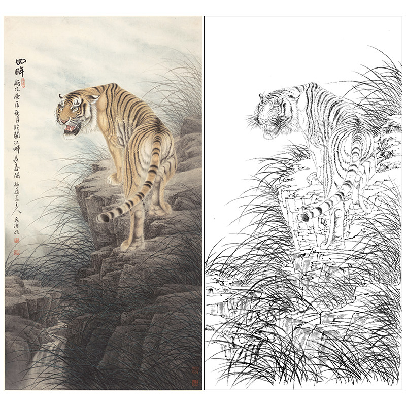 工笔画白描底稿老虎上山回眸董希源线稿实物打印非电子版A636