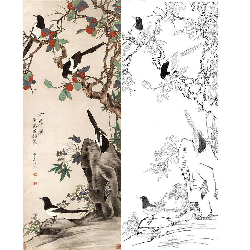 工笔画白描底稿花鸟于非闇喜鹊四喜图用作宣纸临摹勾线过透稿yf14