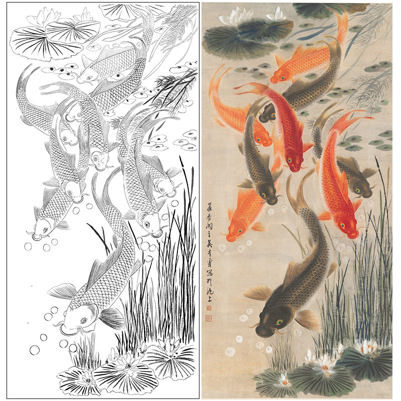 工笔画白描底稿吴青霞九鲤鱼图四尺六尺大幅国画实物打印线稿a625