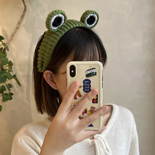 超萌大眼睛网红发箍女毛线编织个性青蛙头箍少女可爱外出压发头箍