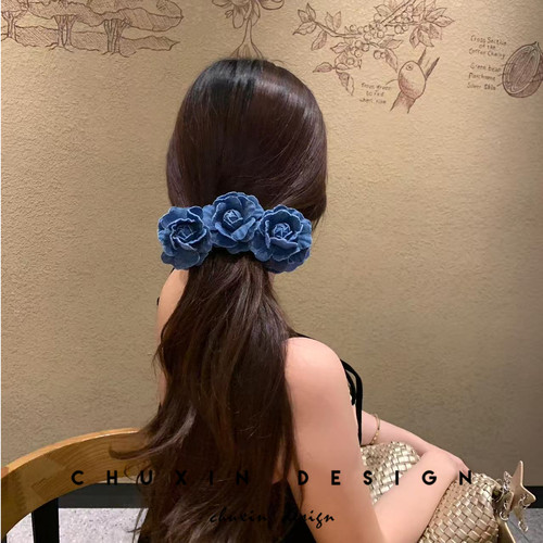牛仔蓝玫瑰花朵发夹香蕉夹竖夹高马尾盘发抓夹多发量发卡头饰韩国