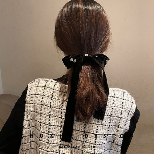 小香风丝绒发夹网红蝴蝶结飘带