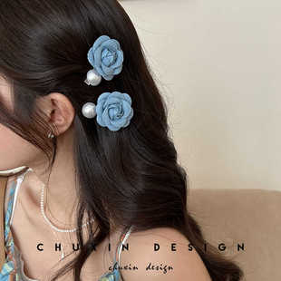 气质复古牛仔蓝高级感珍珠花朵发夹边夹碎发刘海夹一字夹发卡头饰