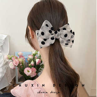 波点复古蝴蝶结发夹顶夹后脑勺半扎盘发弹簧夹马尾束发发卡头饰女