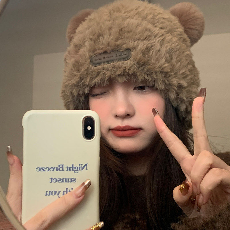 可爱小熊毛绒绒针织毛线帽子女秋冬季加厚保暖皮草套头护耳帽棕