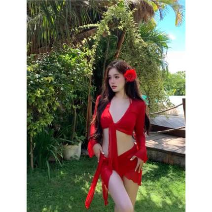 mosricci纯欲大红色显白性感比基尼四件套分体泳衣女长袖遮肉度假
