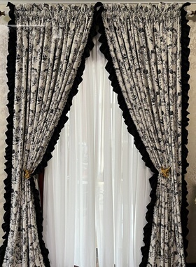 法式复古田园浪漫花环洛可可门帘黑色小香风窗帘高端纱窗帘高级感