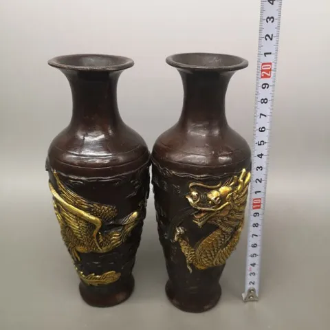 客厅花瓶铜鎏金一对仿古古玩古韵斋紫铜色家居摆件铜器龙凤