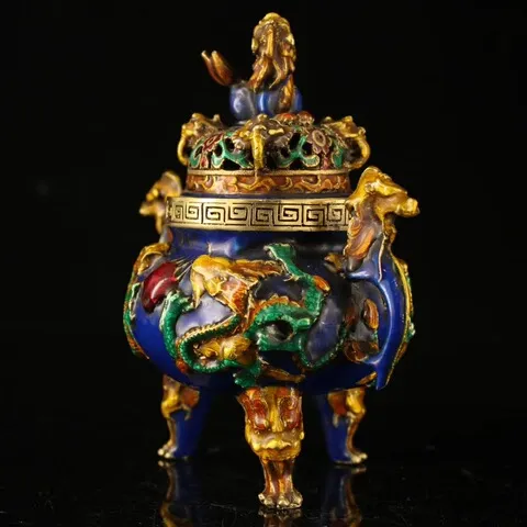收藏珐琅家居狮子工艺品熏香炉二龙戏珠景泰蓝铜胎彩绘铜器古玩
