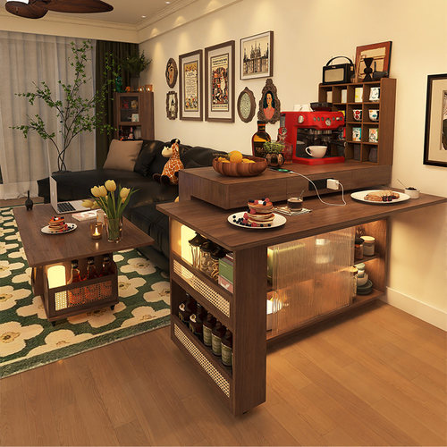 中古风旋转岛台餐桌一体可伸缩小户型实木胡桃色餐柜吧台桌子