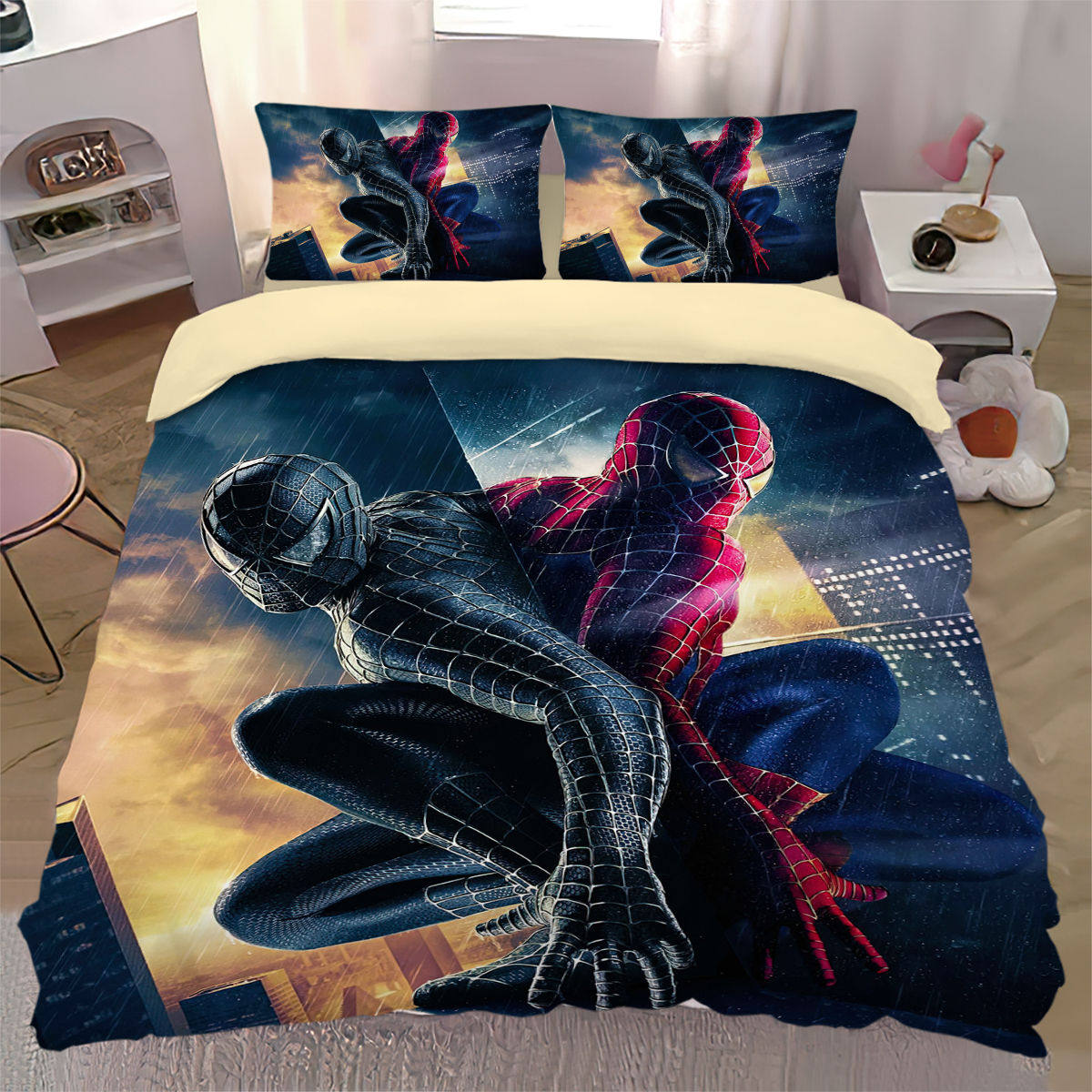 2024儿童床罩蜘蛛侠三件套床单床笠单件卡通单人男孩家用床垫保护