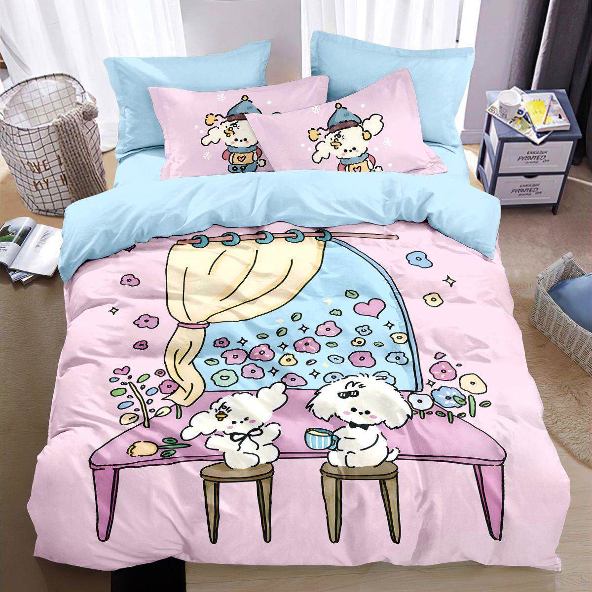 2024日系全棉被套四件套家居卡通图案可爱儿童斜纹居家床单床笠三