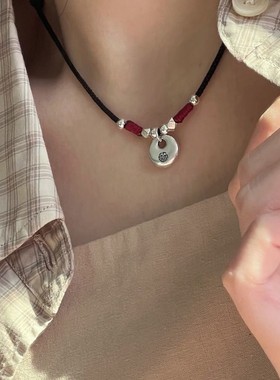 2026新中式国风平安福绕红绳抽拉编织项链简约小众百搭项饰饰品