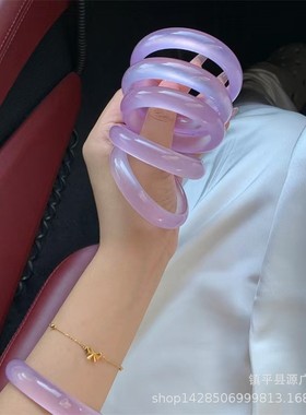 2026新中式翡翠色冰种紫色玉镯石英岩紫色窄版清新荔枝冻手镯ins