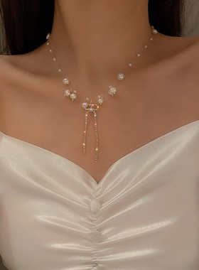 2026奢华闪钻流苏蝴蝶结珍珠项链女轻奢小众高级设计感冷淡风锁骨