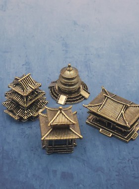 2026黄铜古楼复古建筑装饰创意小摆件书房假山奇石鱼缸造景立体装