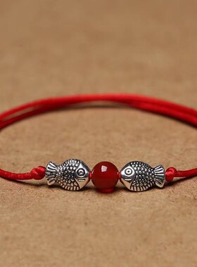 2026藏式双鱼脚链男女红绳玛瑙情侣闺蜜手链可爱亲吻鱼亲嘴鱼简约