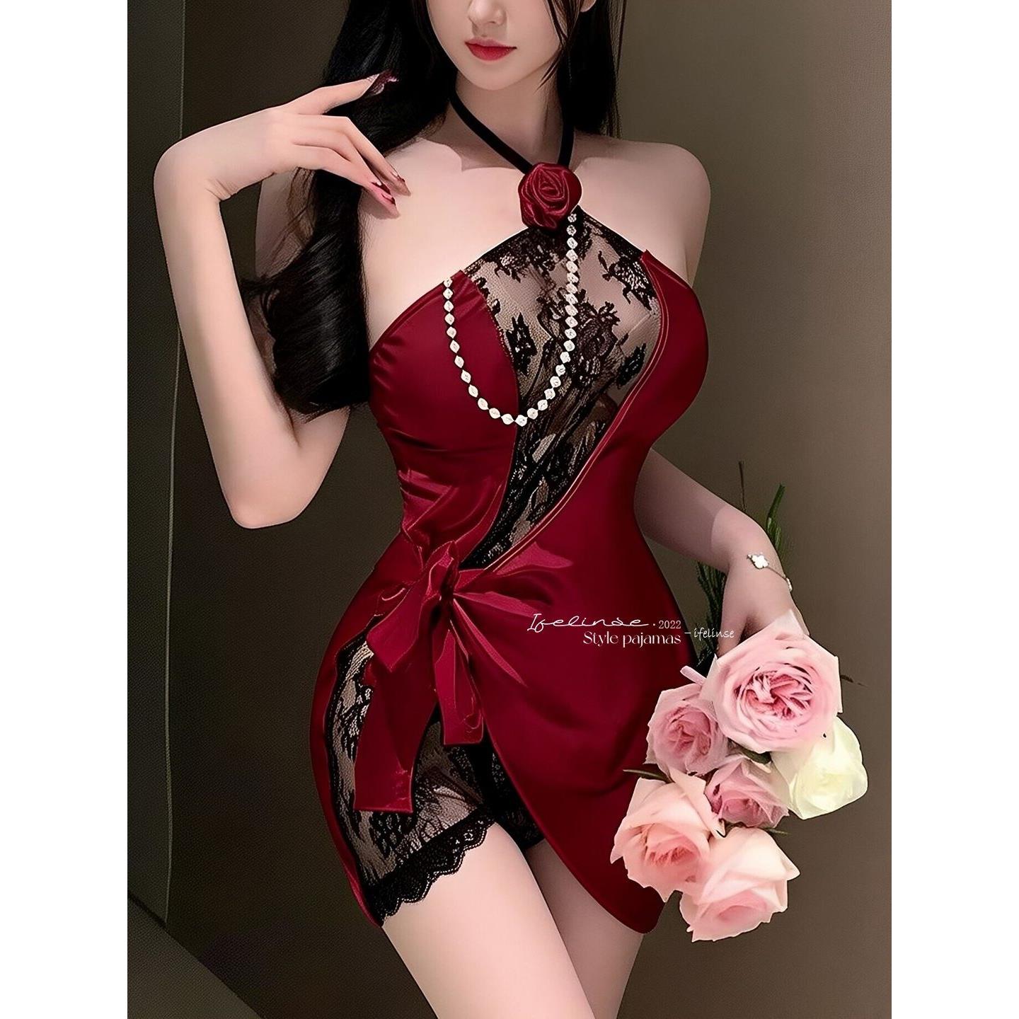 红色挂脖蕾丝透视纯欲性感睡裙