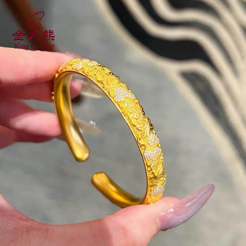 足金999宝相花开口黄金手镯镶嵌莫桑钻5G工艺送老婆礼物