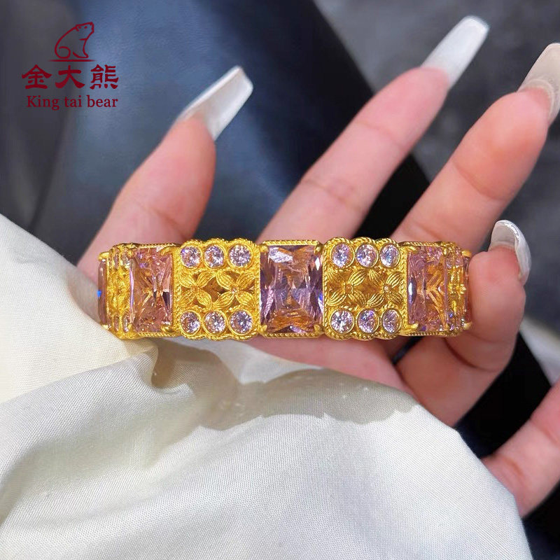 黄金手镯足金999新款镶嵌宝石宽版实心宫廷风送女友送老婆
