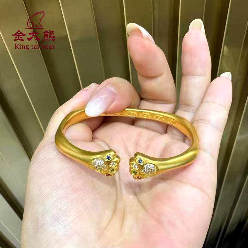 金大熊999足金古法点钻猫爪黄金开口吉言手镯可爱精致