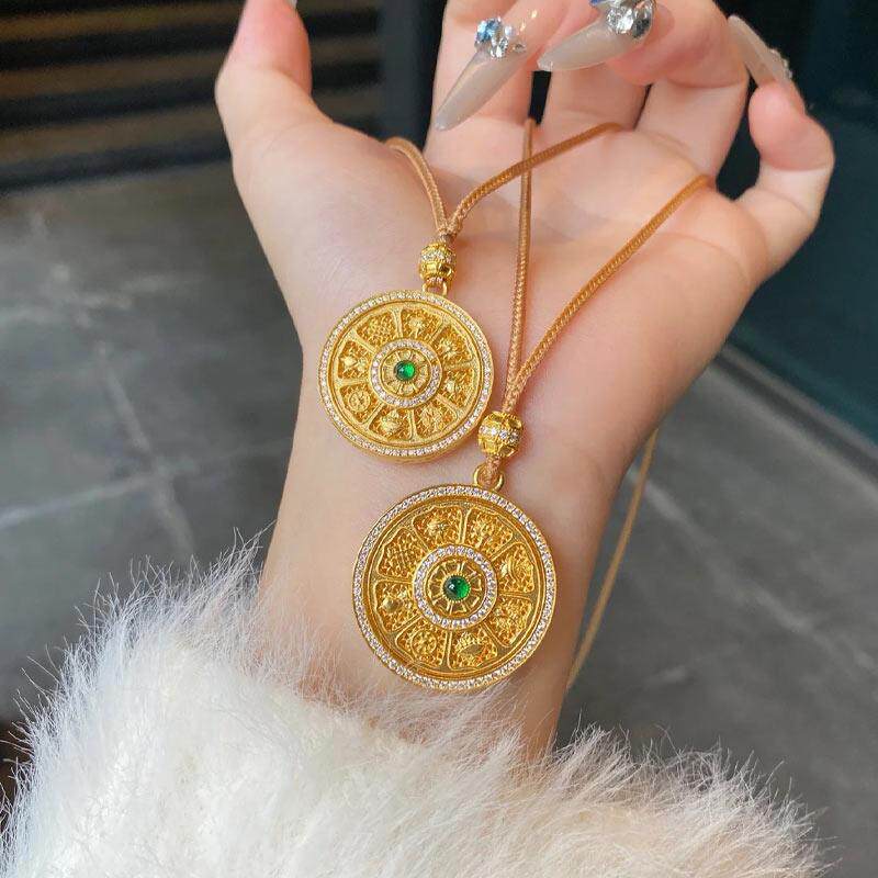 新款999足金古法镶嵌莫桑钻吉祥八宝罗盘黄金吊坠可转动时来运转