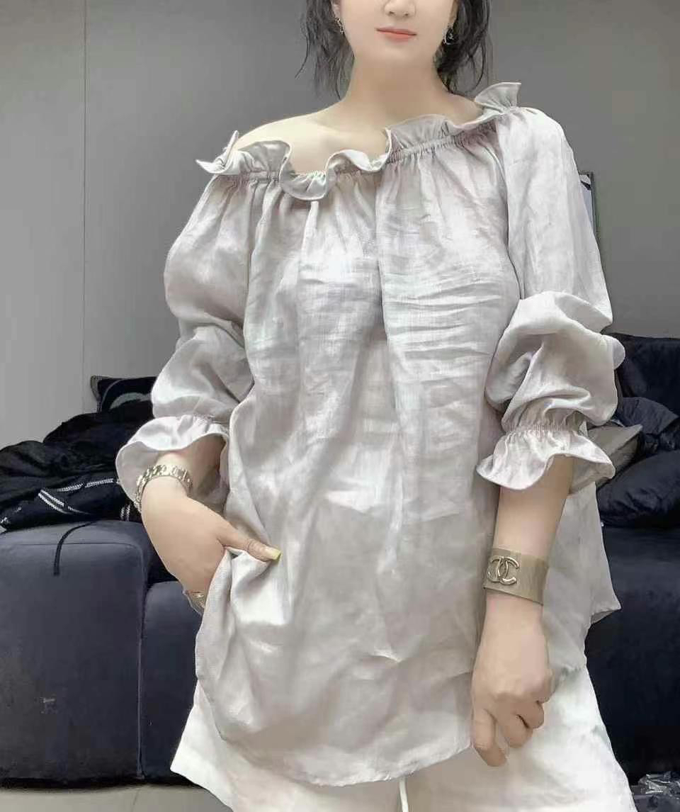 2025春季新款女装上衣木耳边系带圆领长袖露背纯色衬衫5283