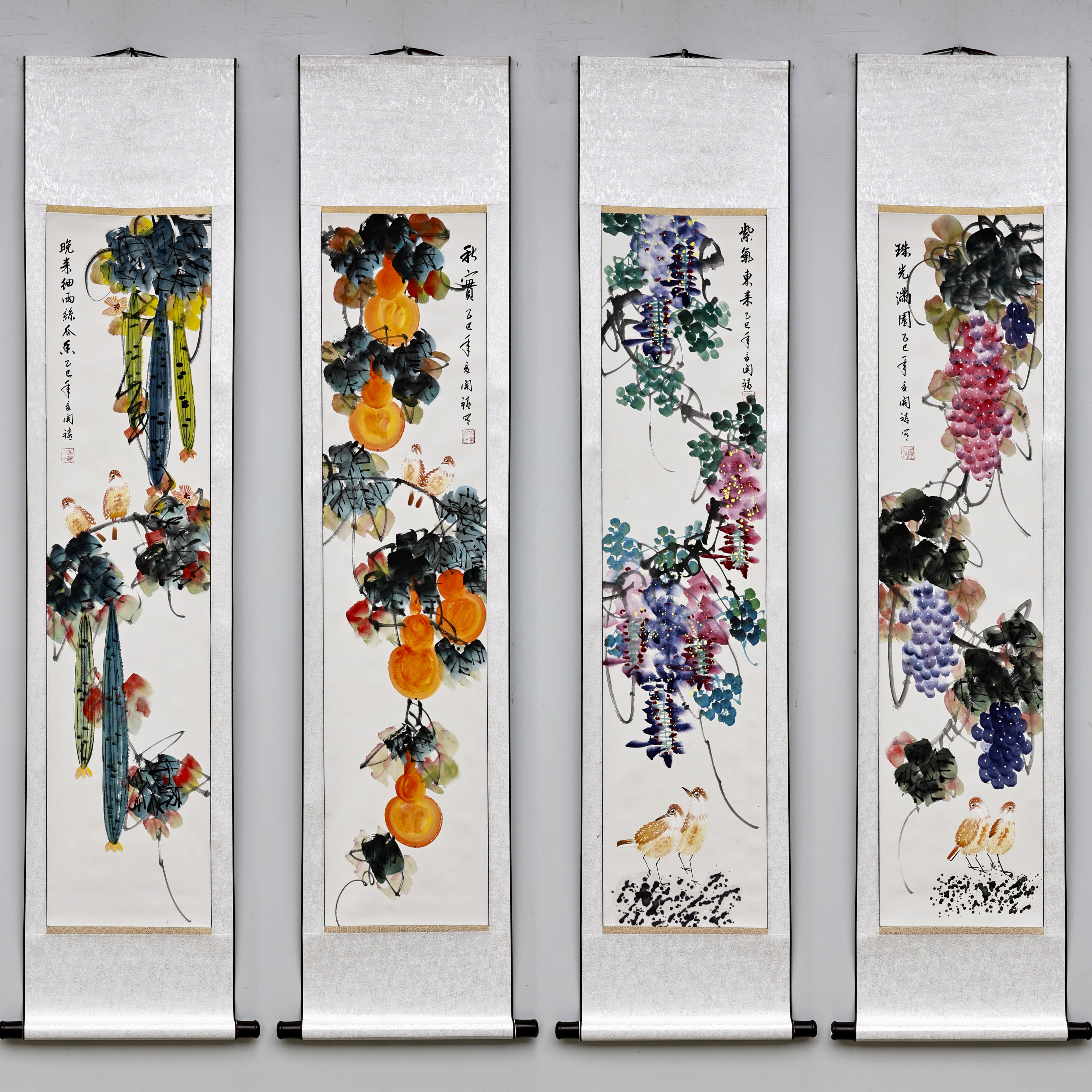 纯手绘名家四条屏花鸟国画