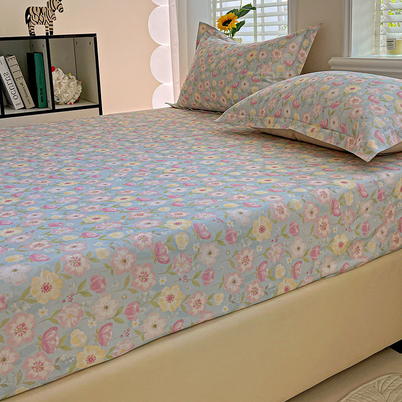 全棉加厚磨毛床笠单件浅天蓝色粉红黄色花朵小清新纯棉床罩套加高