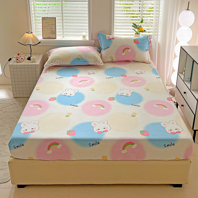 全棉加厚磨毛床笠单件小兔子粉红色天蓝浅黄色圆圈彩虹纯棉床罩套