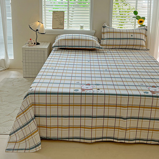 加厚全棉磨毛床单单件小熊白色底黄蓝色格子纯棉斜纹被单双人加大