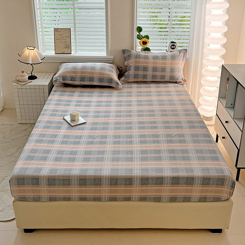 全棉加厚磨毛床笠单件纯棉浅灰色格子土黄色床罩套1.51.8米简约格