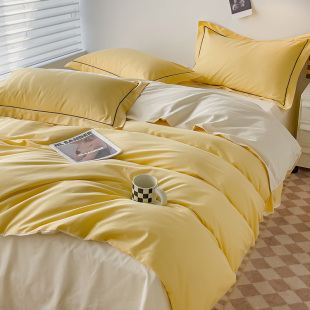 高密度全棉床笠四件套鹅黄色米白双拼纯棉被套床单三件套单人双人