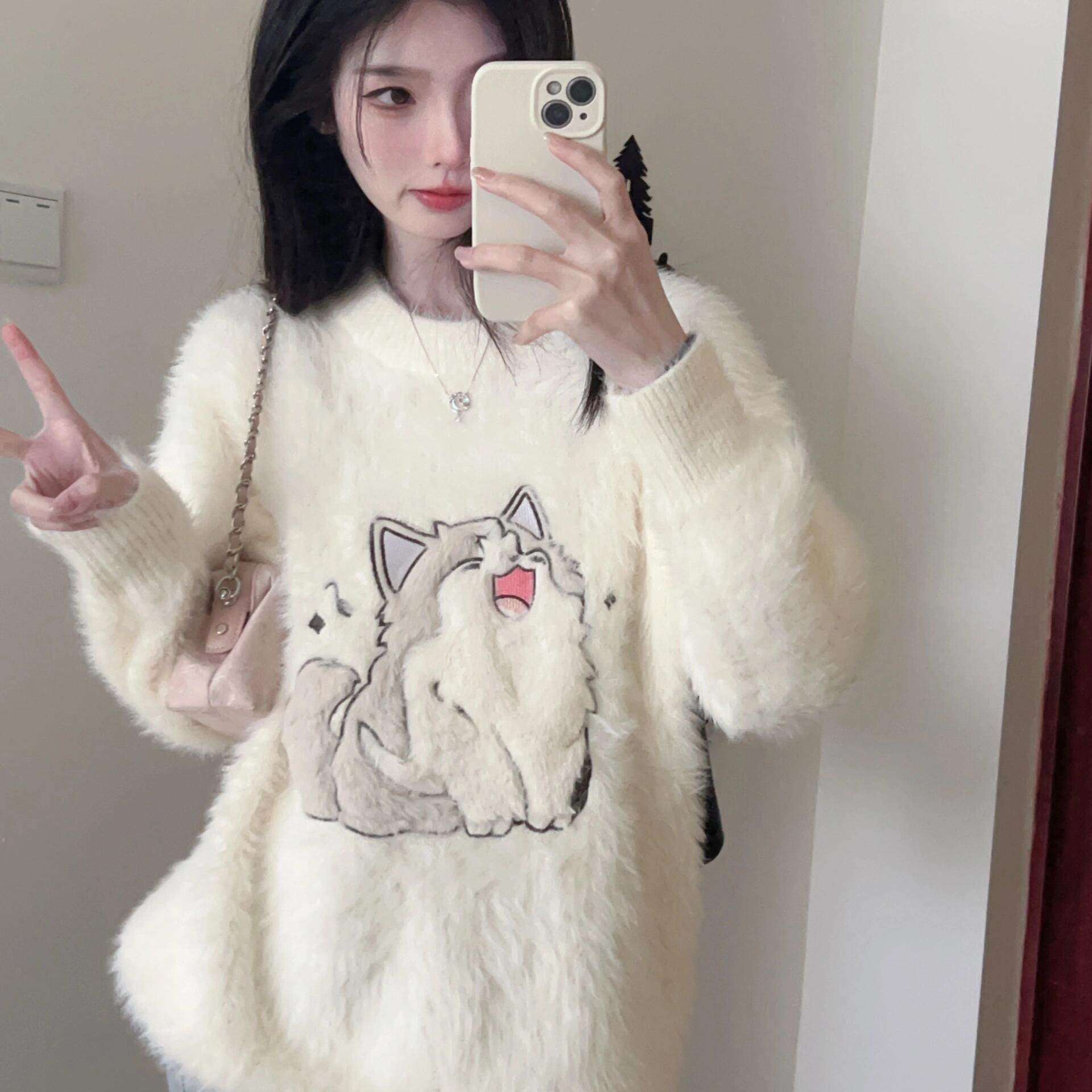 加厚版！慵懒风卡通水貂绒套头毛衣女冬季新款韩版宽松学生针织衫