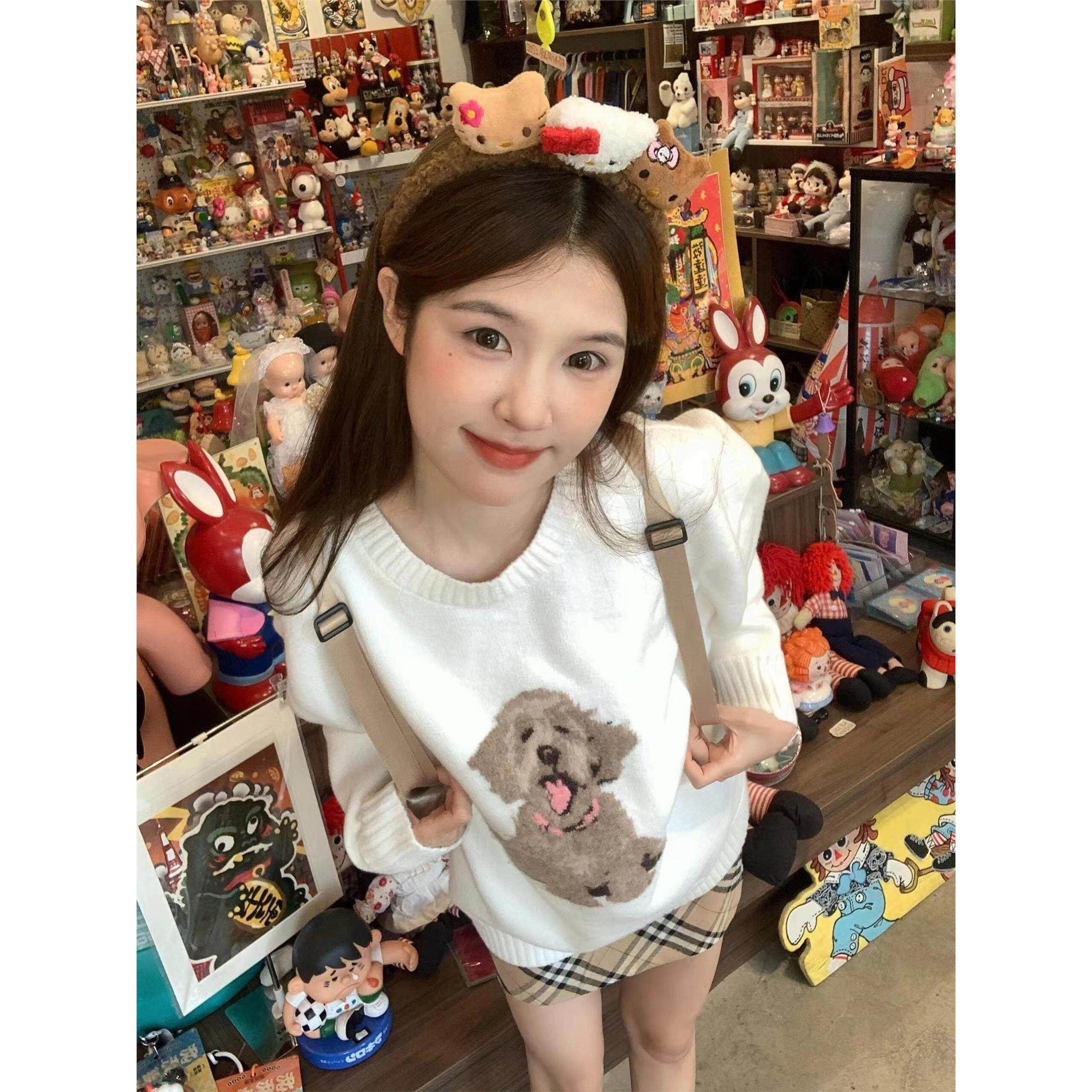 奶fufu可爱小狗白色毛衣女秋冬2025新款宽松慵懒风软糯针织衫上衣
