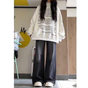 黑灰色阔腿牛仔裤女春秋2025新款宽松初中高中学生小个子直筒裤子