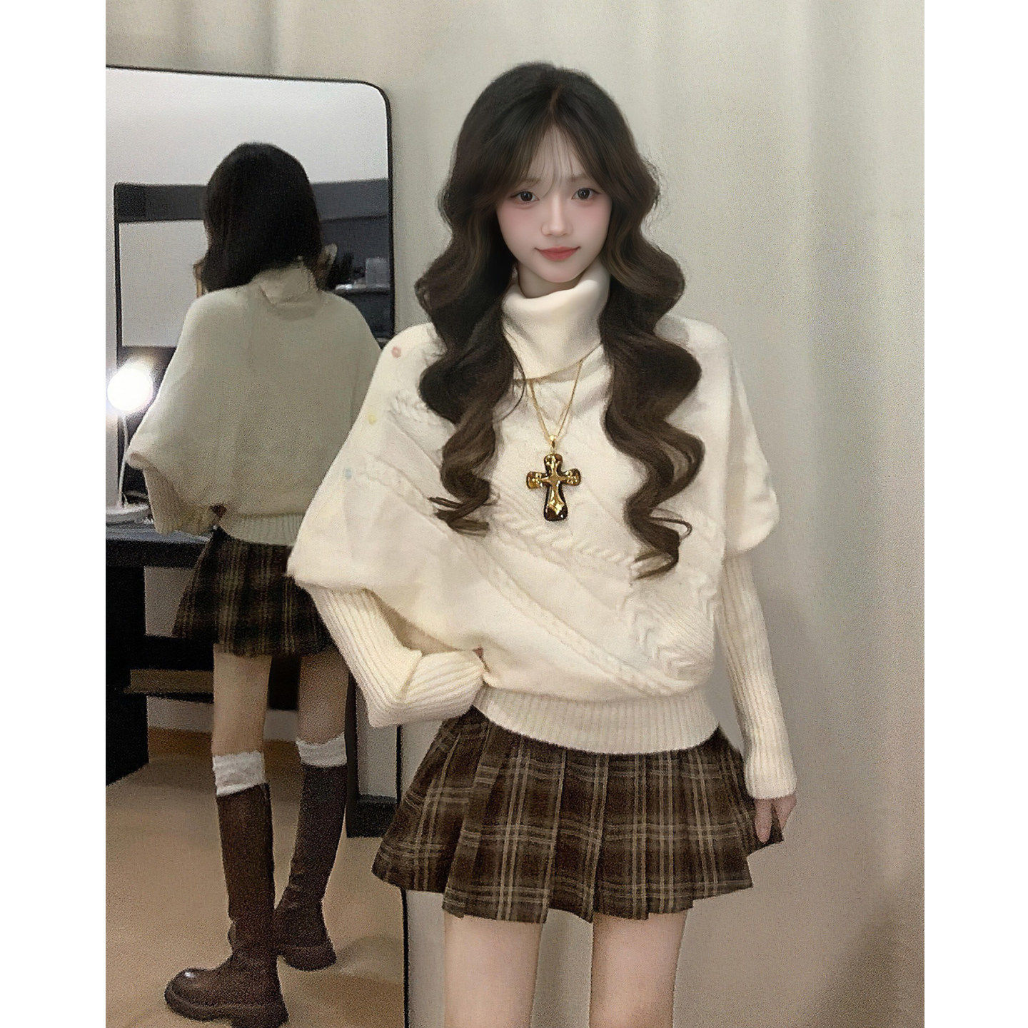 高领麻花毛衣斗篷外套女秋冬韩系甜美针织衫格子百褶短裙两件套装