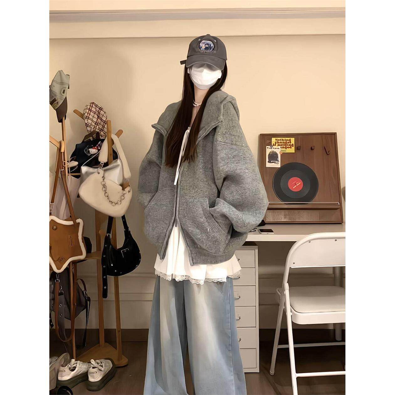 连帽卫衣毛衣开衫外套女针织衫慵懒高级感2025新款韩系秋冬季穿搭