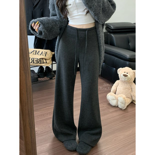 kumikumi简约风抽绳松紧腰加绒加厚休闲裤女秋冬宽松显瘦直筒长裤