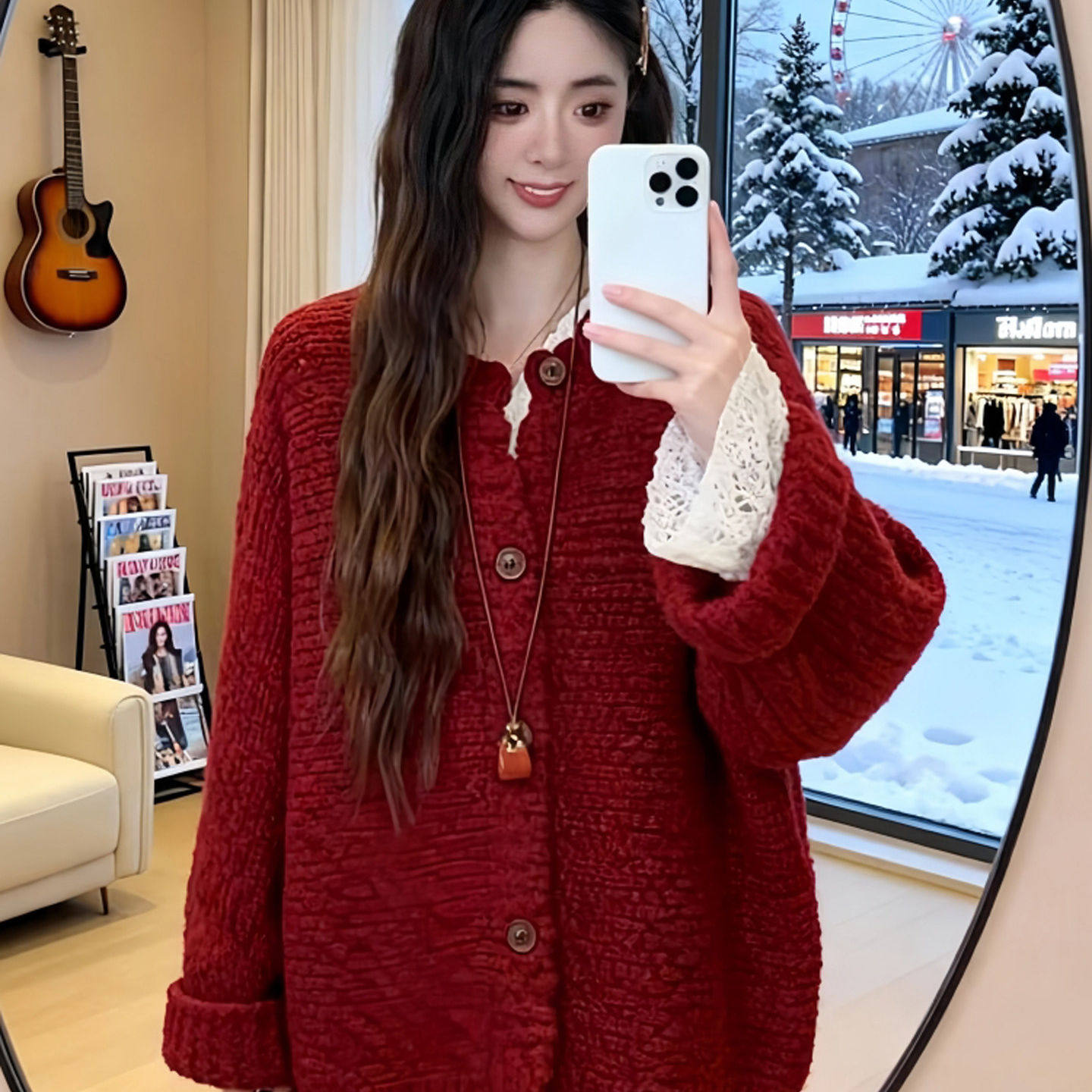 今年流行漂亮红色毛衣女秋冬针织开衫外套慵懒风气质减龄显瘦上衣
