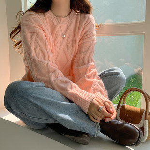 韩系软糯奶系粉色毛衣女套头温柔慵懒风宽松秋冬加厚麻花上衣