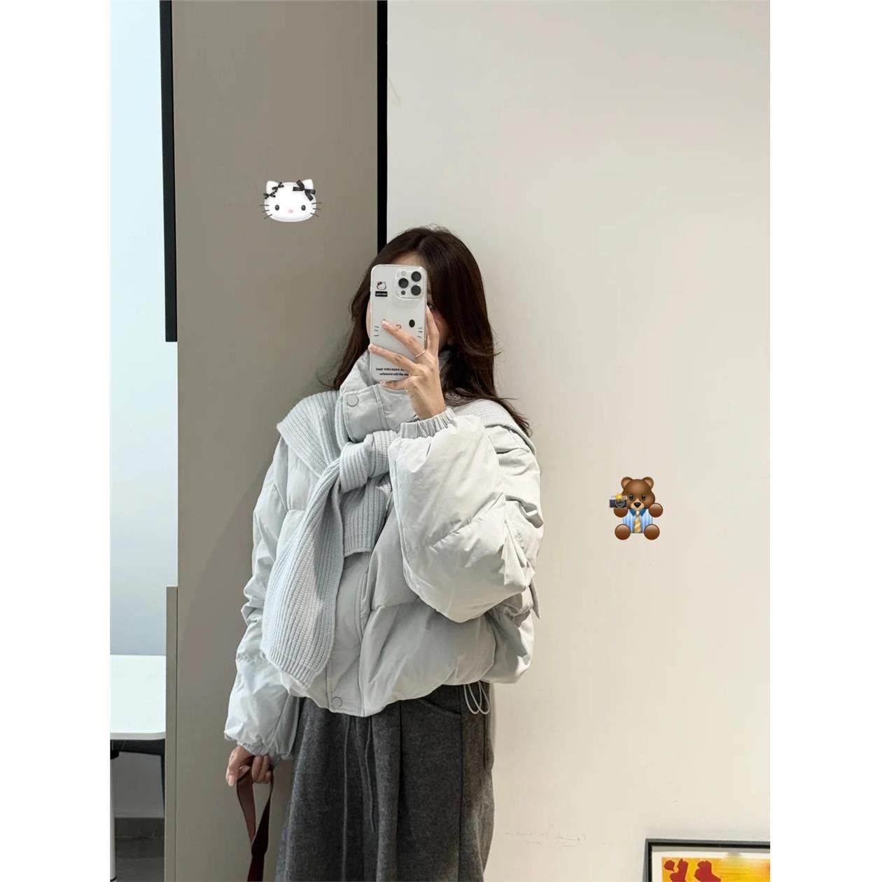 韩系气质围巾短款百搭羽绒棉服女秋冬立领加厚宽松小个子棉衣外套