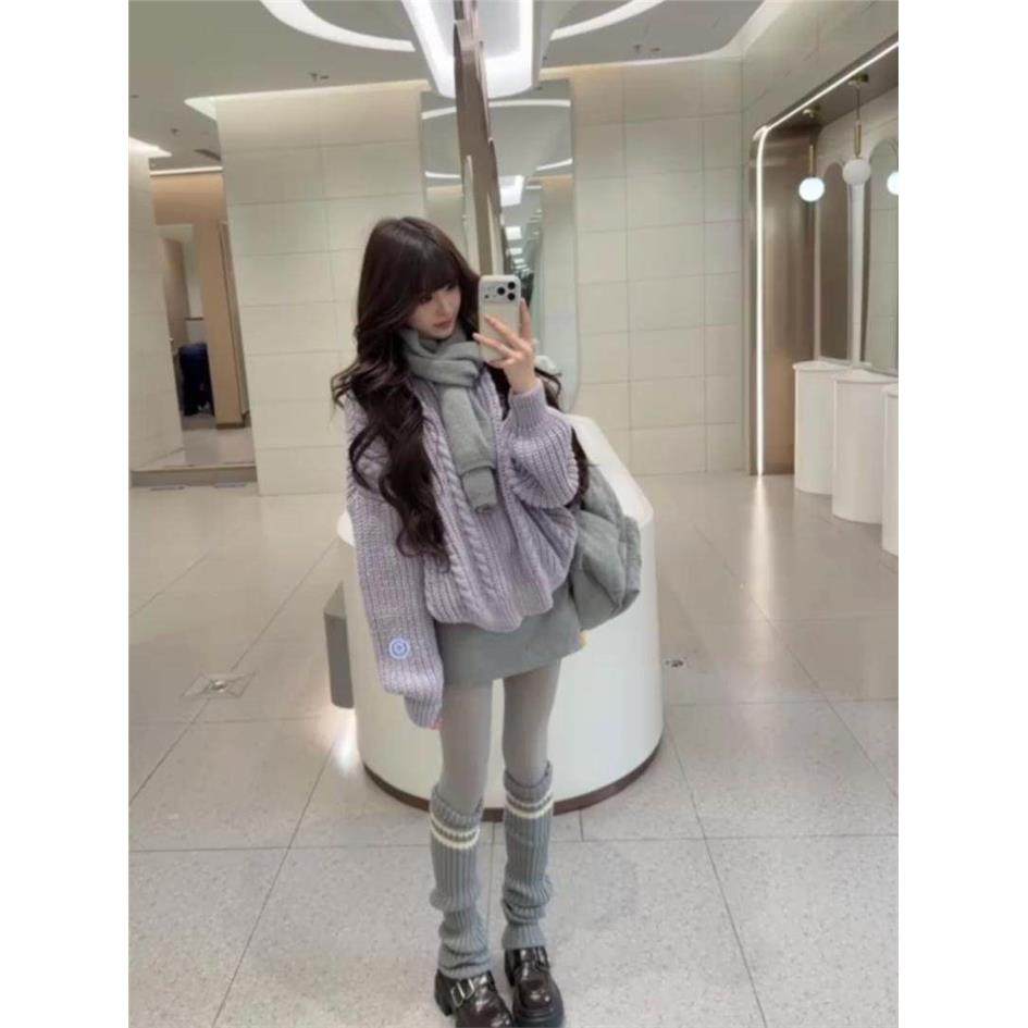 紫色高级感毛织外套女秋冬新款加厚麻花针织外搭上衣软糯慵懒开衫