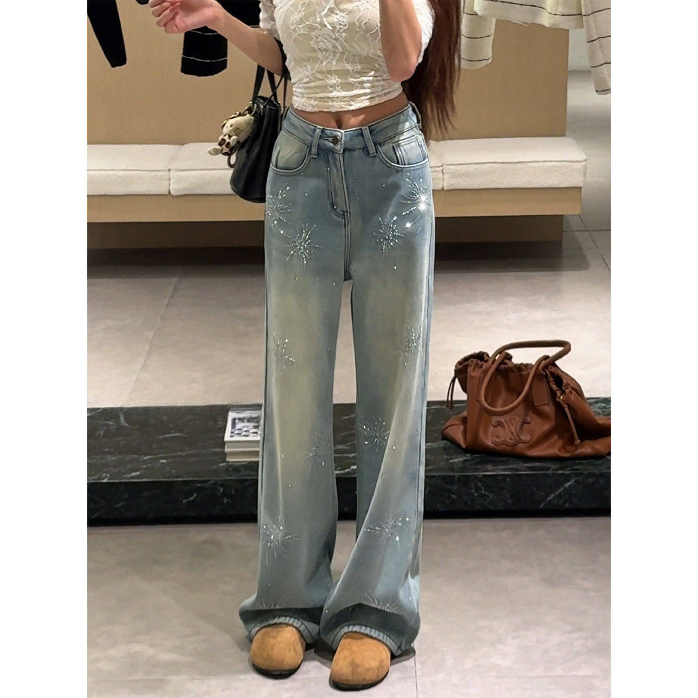 高级感烟花闪钻阔腿牛仔裤女2026冬季新款宽松显瘦直筒拖地加绒裤