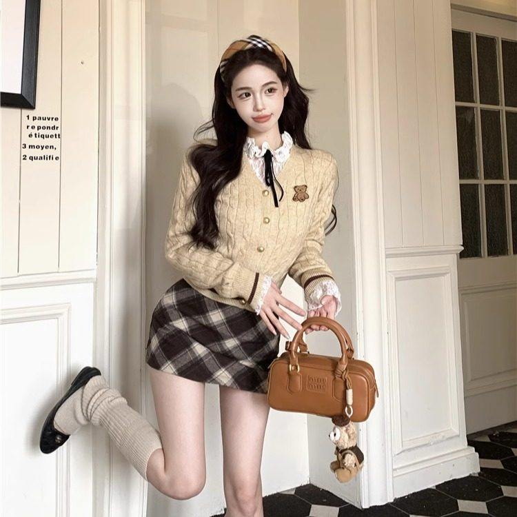 学院风套装女麻花针织开衫外套内搭蕾丝衬衫上衣冬季半身裙三件套